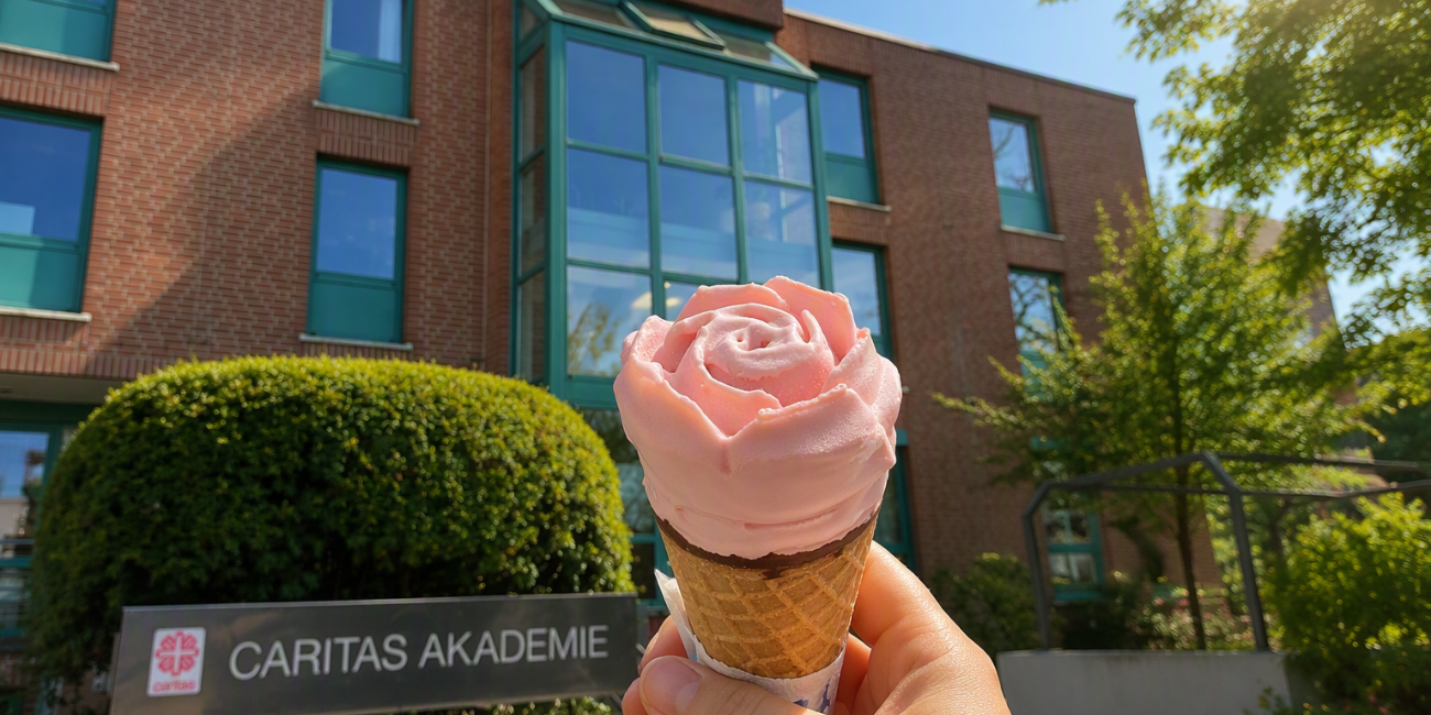 Ein Eis in Rosenform wird von einer Hand der Sonne entgegengereckt und im Hintergrund die Akademie